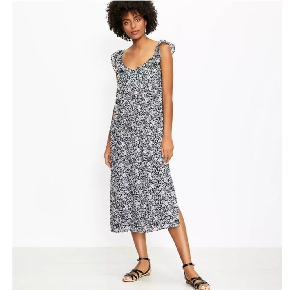 Loft Palm Flutter Strap Pocket Black White Midi Dress Size Medium